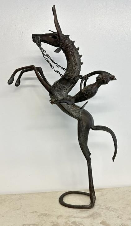 Bronze sculpture of man with sword on horse, with horseshoe base, possbily Tibetan or Indian like (1 of 5)