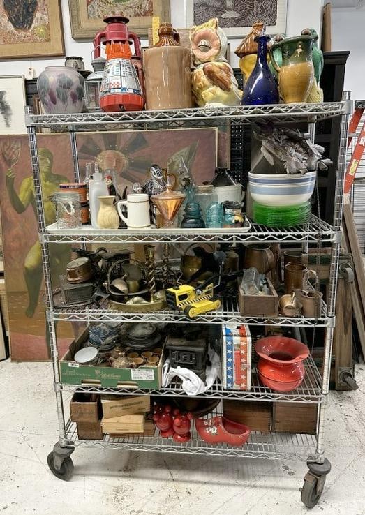 Estate big cart lot of misc. goods to include pottery, glass, ceramics, metal wares, collectibles, (1 of 20)