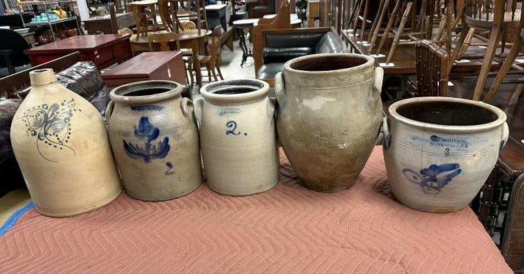 Estate lot (5) decorated pieces of stoneware in as is, as found condition. Includes 2 gallon jug (1 of 9)