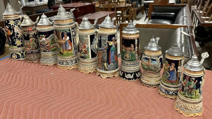(10) vintage musical GERMAN steins, from local estate, a few need a shaking to play, most play, good: (10) vintage musical GERMAN steins, from local estate, a few need a shaking to play, most play, good lot for dealer or online seller to sort outâ€¦.Nice estate condition.