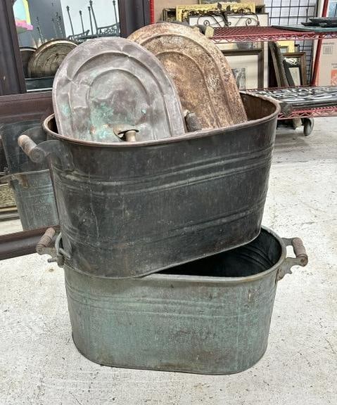 (2) old copper boilers with wonderful patina, worn, dings, both have worn lids, great look for that (1 of 1)