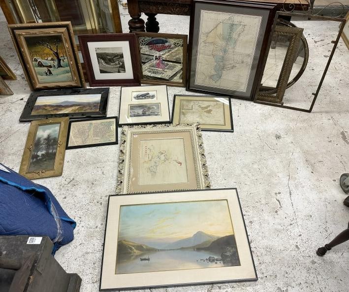 (14) pc. Assorted estate artwork, etc. to include pastels, prints, maps, mirror, frames, nice ship & (1 of 10)