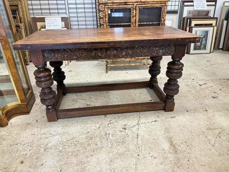 Wonderful circa 1900 oak & walnut heavily carved flip top dining table, sold last auction, not paid (1 of 8)