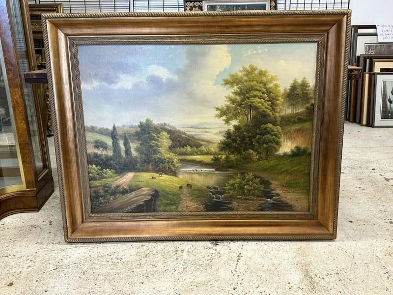 Nice contemporary o/c landscape, in nice gold frame, from fine estate in NYC area, nice condition, (1 of 4)