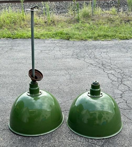 Wonderful pair oversized industrial green enamel lights ( one has some dings on surface enamel, as: Wonderful pair oversized industrial green enamel lights ( one has some dings on surface enamel, as pictured. Found yesterday at Hurley, N.Y. barn. One has rod, one doesn't just as we found them. The s