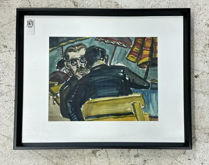 Nice watercolour (2) men seated at cafÃ©, unsigned, from fine NYC area estate, painting measures 11" (1 of 2)