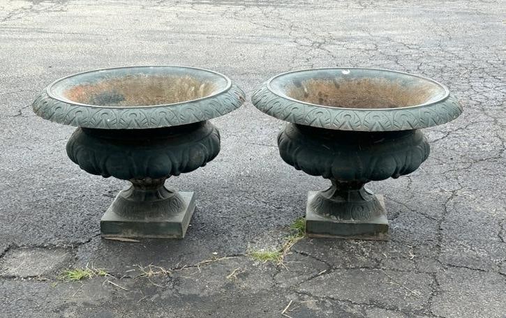 Pair cast iron garden urns in green paint, measures 16" high x 22" across. (1 of 3)