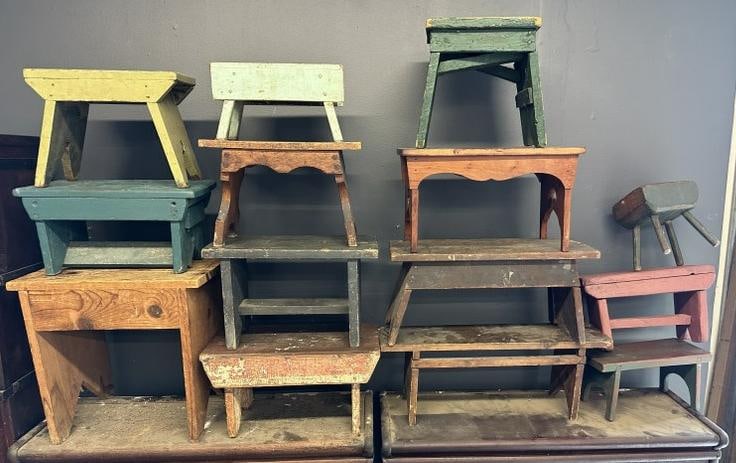 (14) older and (1) not so old small country benches from Woodstock, N.Y. estate, cool shapes and (1 of 3)