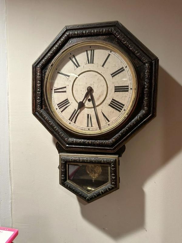 WATERBURY turn of century wall clock, pendulum & key intact, old black paint on finish, winds, from (1 of 6)
