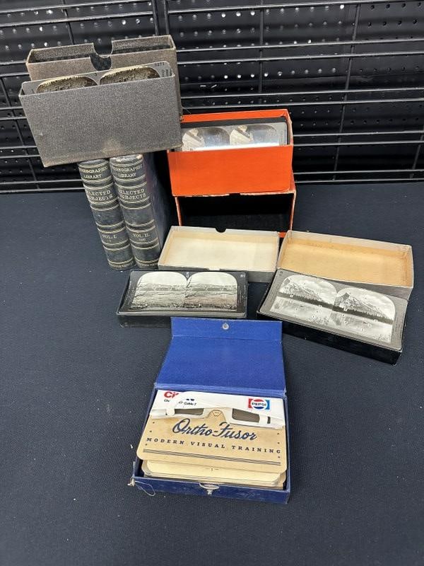 142 stereoviews consistingof 82 World Tour views in a book box; 2 eye test boxes, each with 12 (1 of 8)