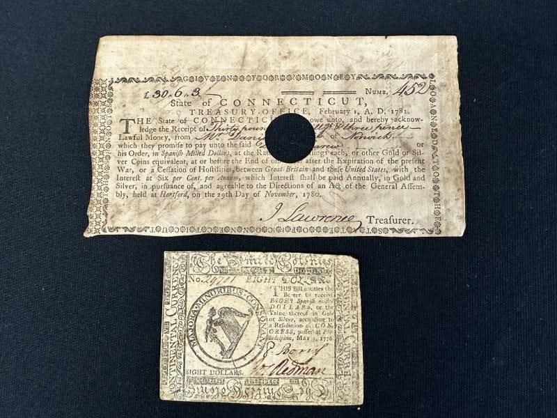 2 American notes: 1781 State of Connecticut treasury promissory note receipt for payment after the (1 of 4)