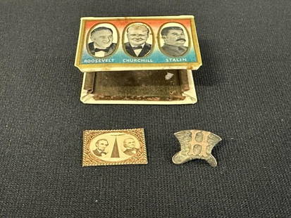 3 Vintage political items: old matchbox holder- FDR Churchill Stalin, 1888/1892 Presidential: 3 Vintage political items: old matchbox holder- FDR Churchill Stalin, 1888/1892 Presidential campaign pin- Benjamin Harrison, & antique miniature photos in small frame- Abraham Lincoln & Andrew Johnso