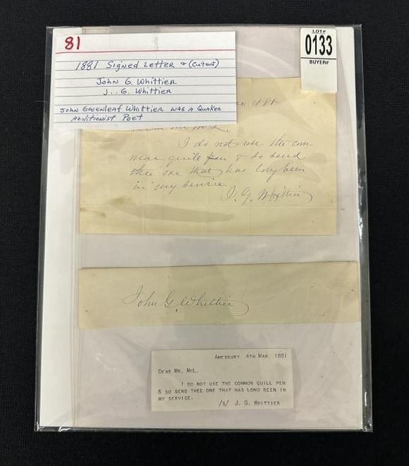 1881 signed letter & cutout: John G. Whittier, J. G. Whittier. John Greenleaf Whittier was a Quaker (1 of 6)