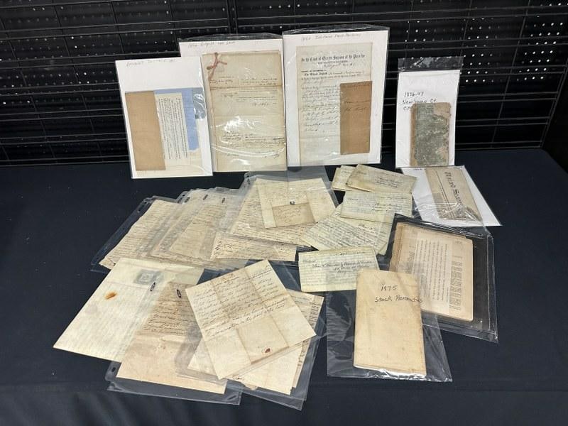 Box of 30 pcs. 19th C. documents/letters, etc. including 1875 stock prospectus, 8- 1840's Wayne (1 of 9)