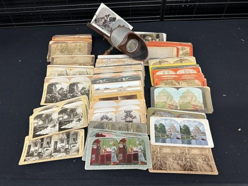 Estate lot stereoview cards and viewer, just as we found them, probably a few hundred mixed cards, (1 of 5)