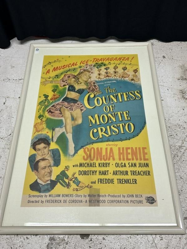 One sheet movie poster - THE COUNTESS OF MONTE CRISTO, starring SONJA HENIE, framed and matted,: One sheet movie poster - THE COUNTESS OF MONTE CRISTO, starring SONJA HENIE, framed and matted, frame measures 48" x 33", poster overall in nice condition, old tape mark in bottom center border as pic