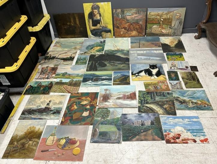 (38) oil on board paintings, some impressionist, most all signed, some earlier than others, good: (38) oil on board paintings, some impressionist, most all signed, some earlier than others, good mix, from Hudson, New York estate of Albert Burnette Roberts. Just as we found them in his houseâ€¦