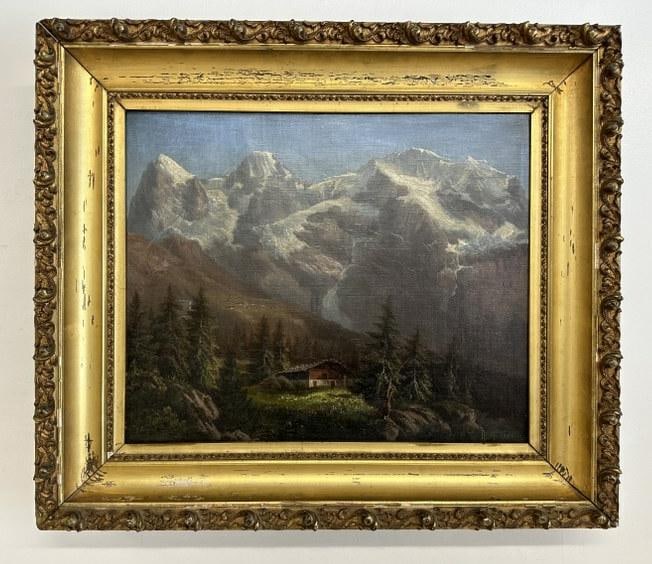 R. Muller Continental 19th o/c landscape with snow capped mountains in background, and chalet in (1 of 4)