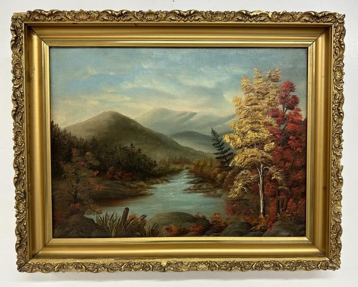 Circa 1900 o/c fall landscape with stream running through, unsigned, with period frame, painting (1 of 3)