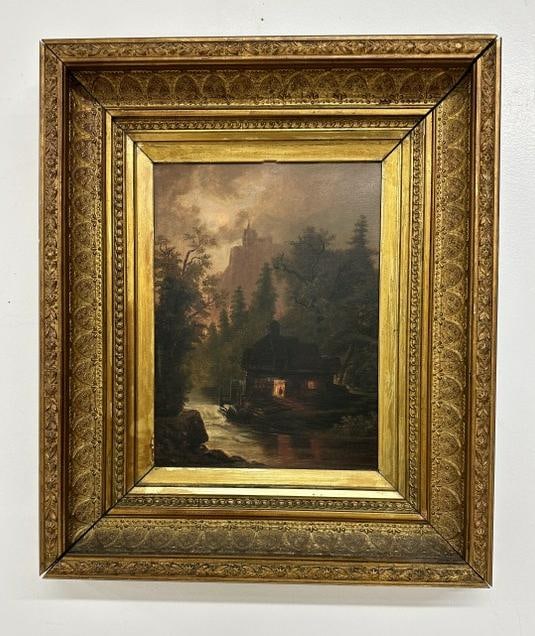 19th c unsigned o/b landscape with house by a stream, in gold frame of the period, from fine Hudson (1 of 3)