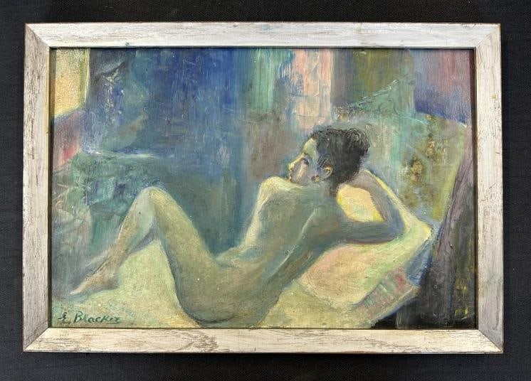 E Blacker impressionist nude female o/b, from Kingston, N.Y. estate, signed lower left. Circa 1930's: E Blacker impressionist nude female o/b, from Kingston, N.Y. estate, signed lower left. Circa 1930's or so, in painted frame of the period. Painting measures 10" x 15". Nice estate condition.