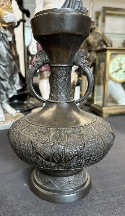 Asian bronze double handled urn, ( no bottom ),fine detail, from Hudson Valley estate, with old (1 of 9)