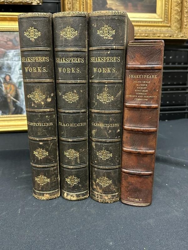 SHAKSPERE LOT - to include ( (3) volume 19th c set SHAKESPERE'S WORKS & ( leatherbound volume titled (1 of 7)