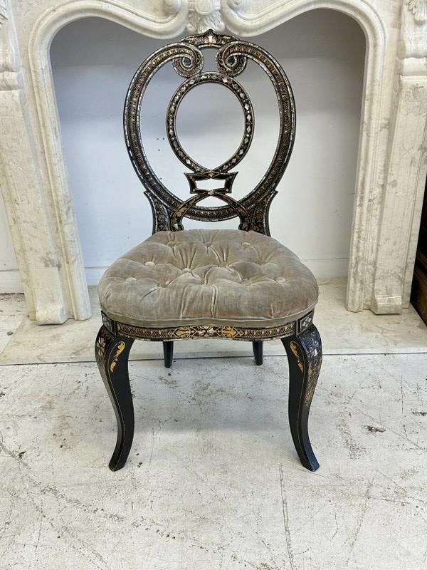 19th c papier mache chair with mother of pearl inlay, structurally sound, and in fine condition.: 19th c papier mache chair with mother of pearl inlay, structurally sound, and in fine condition. From fine estate of family with ties to Italy and New York City, and items stores in climate controlled