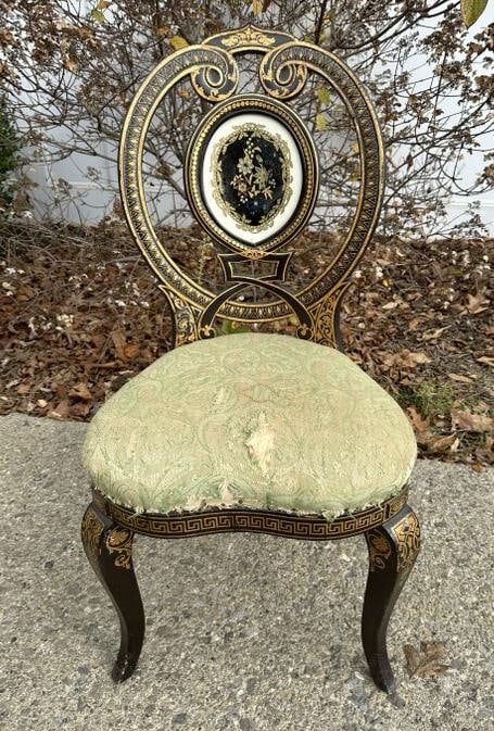 19th c papier mache chair with reverse painted glass center panel, with what appears to be colored: 19th c papier mache chair with reverse painted glass center panel, with what appears to be colored stones, structurally sound, torn fabric on seat. From fine estate of family with ties to Italy and Ne