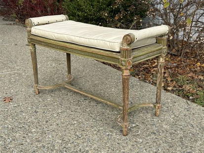 Decorative 1920's ( probably Berkey & Gay ) caned seat bench, nicely worn green paint, from Hudson: Decorative 1920's ( probably Berkey & Gay ) caned seat bench, nicely worn green paint, from Hudson Valley estate. Measures 39 1/2" long x 14 1/4" deep x 23 1/2" high. Just as we found it.