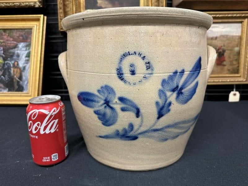 N CLARK JR. ATHENS NY 3 gallon blue decorated crock with flowers ( has hole drilled in bottom, a few (1 of 6)