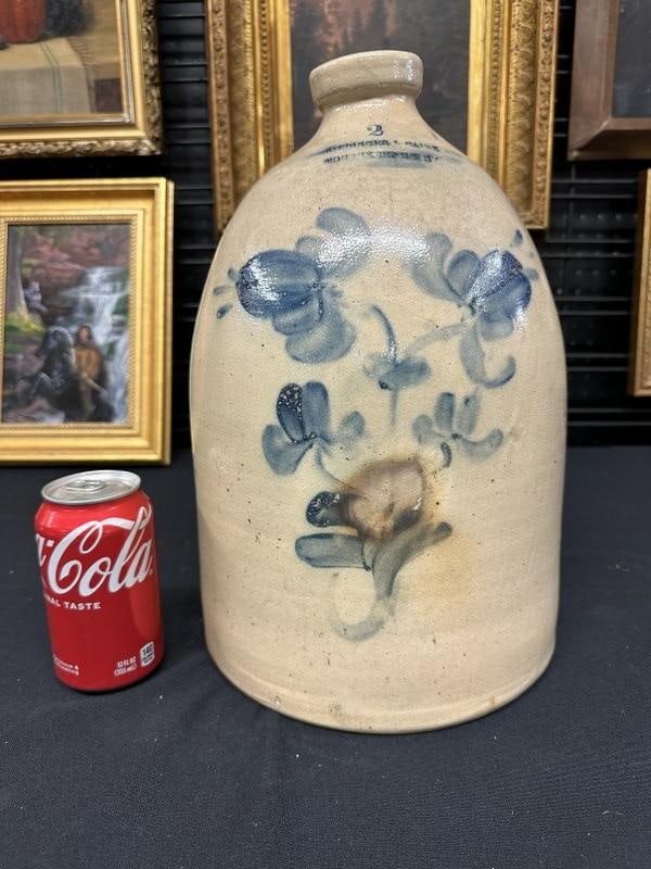 RIEDINGER & CAIRE POUGHKEEPSIE NY 2 gallon blue decorated stoneware jug with flowers ( has small (1 of 5)