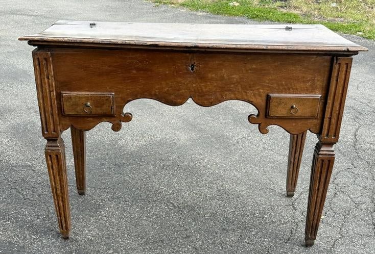 18th c Italian (?) lift top table (looks like walnut ) with (2) small drawers and compartments in (1 of 9)