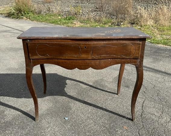 18th c Italian (?) one drawer table with tapered legs, hardwood, old dark finish ( top has back (1 of 8)