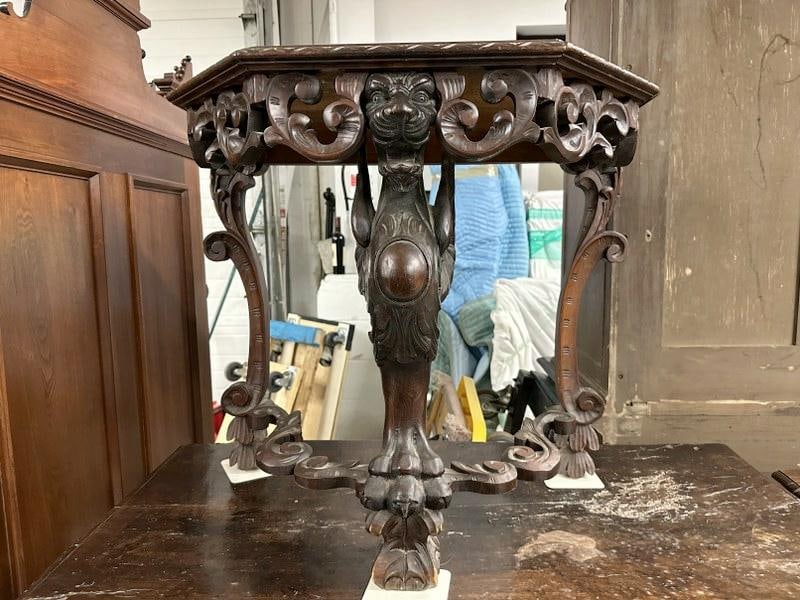 Circa 1900 walnut stand with full figural winged griffin, from Woodstock, N.Y. estate, nice (1 of 5)