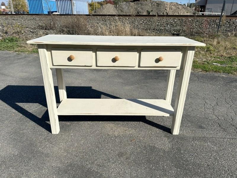 Painted white (3) drawer pine contemporary country console table, from Woodstock, N.Y. country home, (1 of 2)