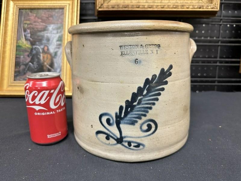 WESTON & GREGG ELLENVILLE NY stoneware decorated crock with leaf (and 6 ), from Hudson Valley (1 of 5)