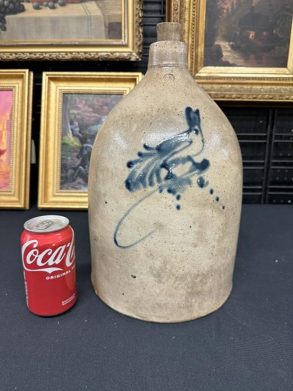 (2) gallon stoneware jug with bird on branch,from Hudson Valley estate, good estate condition, (1 of 4)