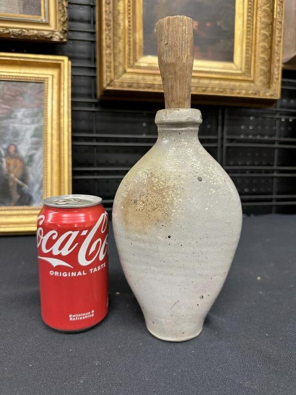 19th c stoneware flask from Hudson Valley estate, just as we found it, unmarked, with stopper, (1 of 4)