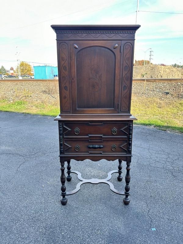 Circa 1920's walnut tall cabinet with 2 drawers and drop down desk, very clean, original finish, (1 of 4)
