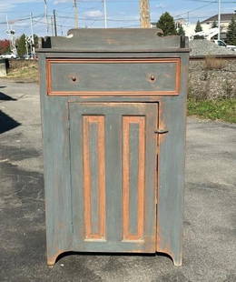 Contemporary country primitive looking cupboard, with one drawer and door underneath with shelves: Contemporary country primitive looking cupboard, with one drawer and door underneath with shelves and cut out backsplash. From Woodstock, N.Y. country home. Structurally sound, good looking….Measure