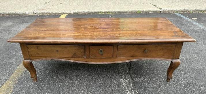 Nice hardwood country French style (3) drawer coffee table, in older finish, nice worn patina (1 of 5)