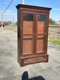 Victorian walnut (2) door bookcase with drawer on bottom, from Highland, N.Y. estate. ( Has plywood: Victorian walnut (2) door bookcase with drawer on bottom, from Highland, N.Y. estate. ( Has plywood replaced back, adjustable shelves, old dark finish ) structurally sound, measures 78" high x 42 1/2"