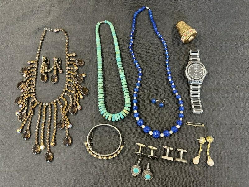 Misc. costume jewelry estate lot to include lapis necklace and earrings, (3) pc. Necklace & earring (1 of 5)