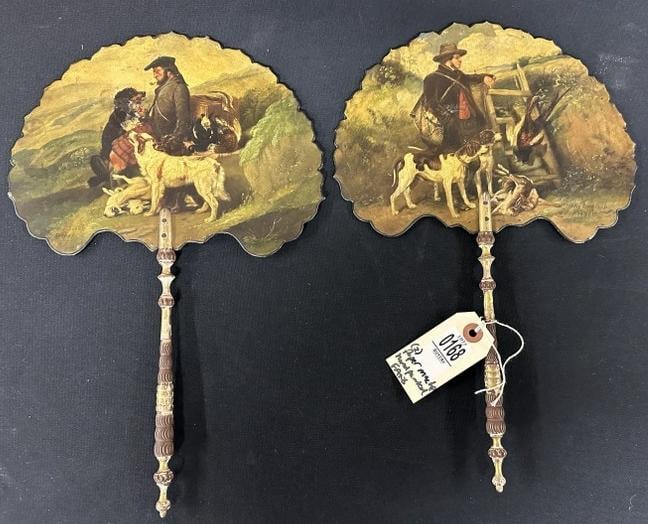 (2) 19th c handpainted paper mache hand fans for THE SCOTCH KEEPER & THE ENGLISH KEEPER. From a fine (1 of 5)