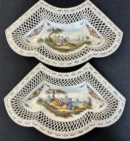 (2) antique French faience Lille lattice edge bowls with scenic centers , marked on undersides ( (1 of 6)
