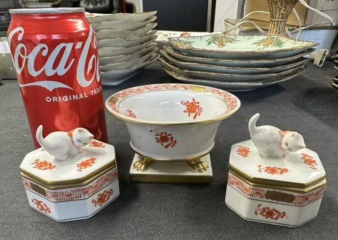 HEREND (3) pc. Set with claw foot bowl & (2) covered boxes with figural cats on tops. From fine (1 of 1)