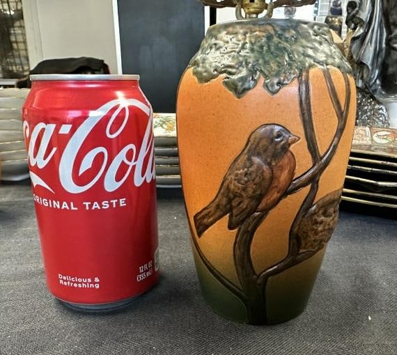 P. Ipsens Enke Danish Pottery Vase With Birds. 6 in. pottery vase has relief decorated tree branches (1 of 8)