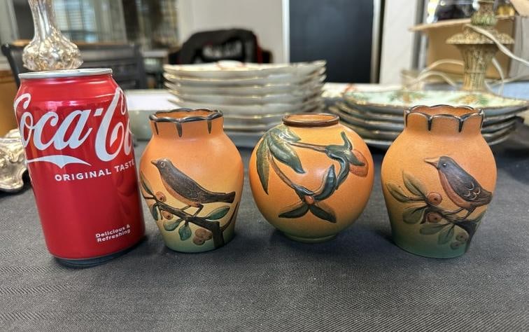 (3) P. Ipsens Enke Danish Pottery Vases, including a pair measuring 3.75" high with birds, & a 3.25" (1 of 5)