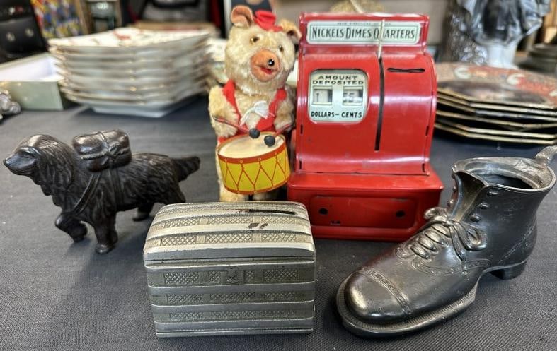 (5) pc. Kids toys estate lot - includes 3 coin metal bank, old shoe inkwell missing the top, iron (1 of 5)
